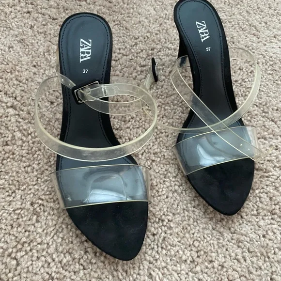 ZARA High Heels Clear Straps Black Sandals size 37 6.5 worn once comfy sexy - Picture 10 of 16